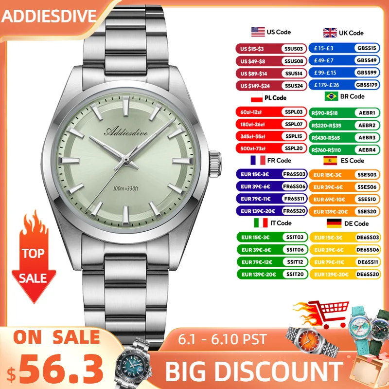 

ADDIESDIVE Watch For Men New 36mm Quartz AR Coating Dome Glass Luminous 100m Waterproof Stainless Steel VH31 Wristwatch AD2066