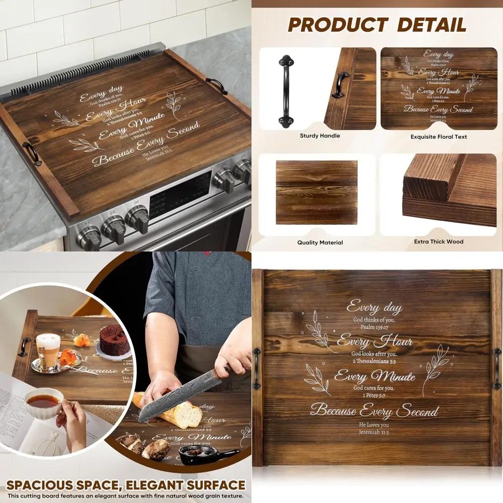 

Farmhouse Style Wooden Stove Top Cover with Handles, Kitchen Counter Cutting Board for Electric & Gas Stoves, Decorative Sink Co