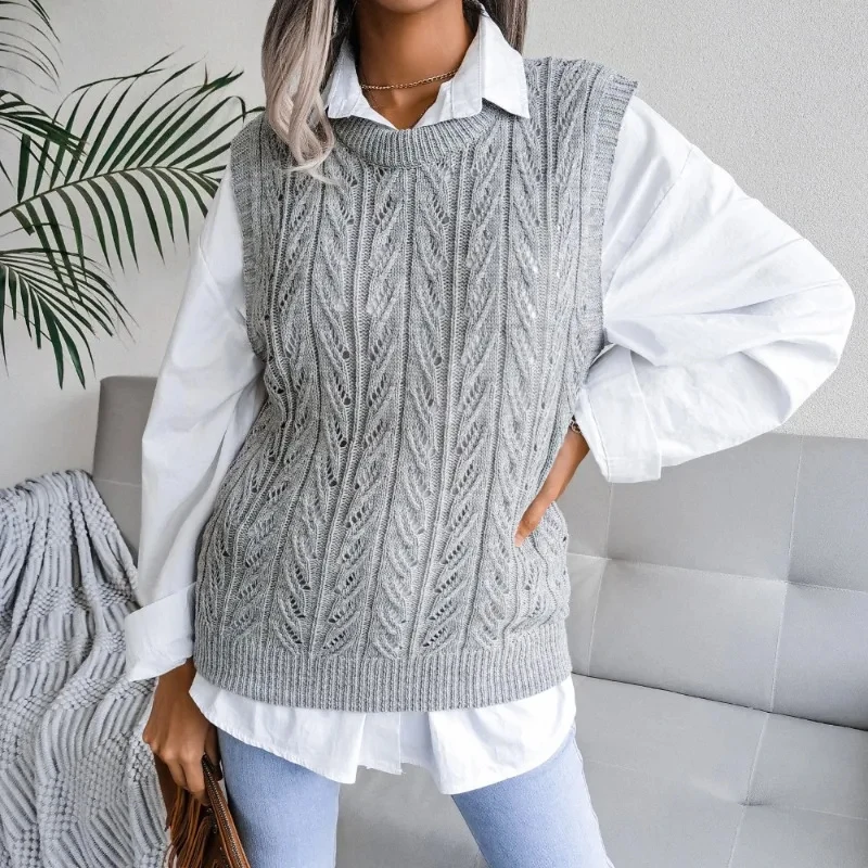 Women Knitted Vest Sweater Sleeveless Tops Hollow Leaf Pullover Sweater Casual Autumn Winter Round Neck Women Vest Solid 18139