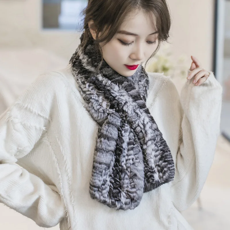 Besfilin Real Chinchilla Fur Scarf for Women, Soft Collar, Double Faced, Hand Knitted, Keep Warm in Spring, Autumn and Winter