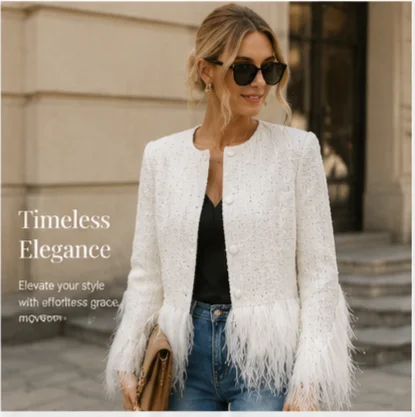 Women's Elegant White Tweed Jacket with Feather Trim, Luxury Chic Blazer for Work, Party & Special Occasions