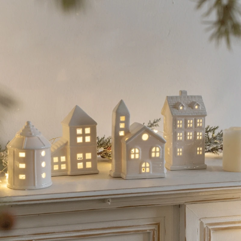 Porcelains Miniature Village House with LED Light Ceramics Glowing House Figurine Christmas Desktop Decoration Ornament