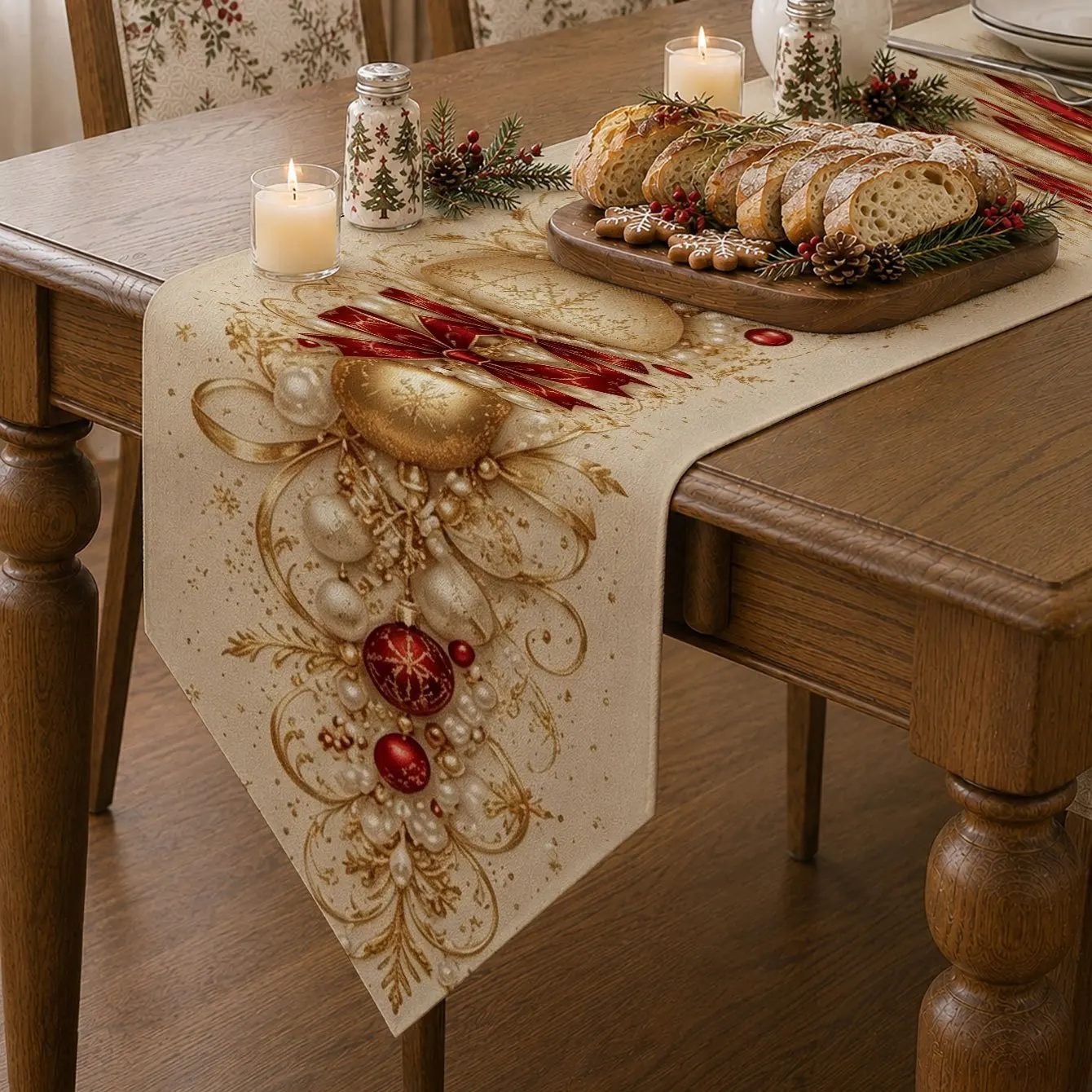VIKAMA Christmas Table Runner Red Gold Bauble Pearl Bow Imitation Embroidery Decorative Washable Kitchen Dining Xmas Holiday