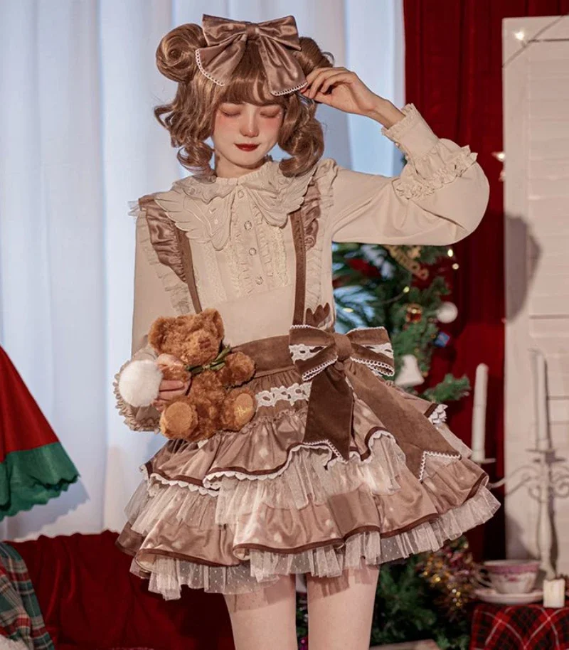 

NIGGEEY【Little Deer SK】Autumn Winter Sweet Lolita Puffy Cake Skirt Cute Deer Strap Bow Detachable Lace Short Skirt Tutu Women