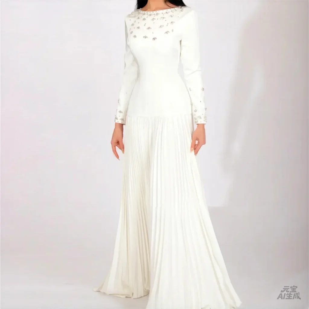 

Элегантные вечерние платья цвета слоновой кости с кристаллами для особых случаев, плиссированное свадебное вечернее платье с длинными рукавами и круглым вырезом