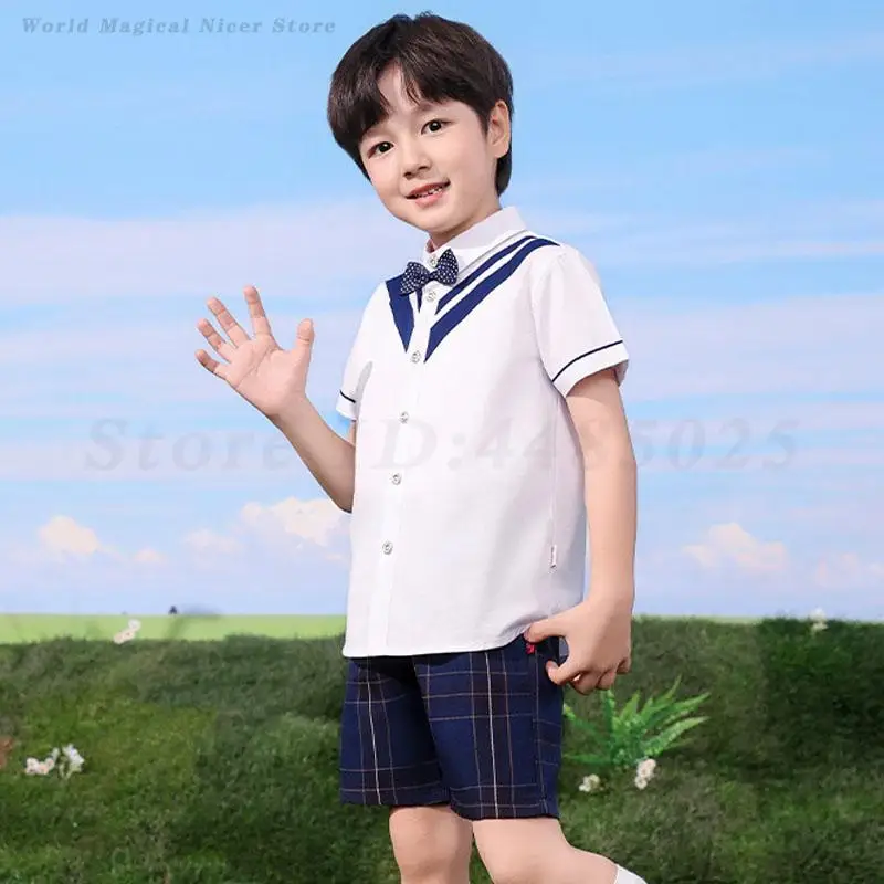 Uniforme scolastica per la scuola materna Abbigliamento per la scuola primaria per bambini Camicia a maniche corte Pantaloncini Abito blu navy Tuta per ragazzi e ragazze