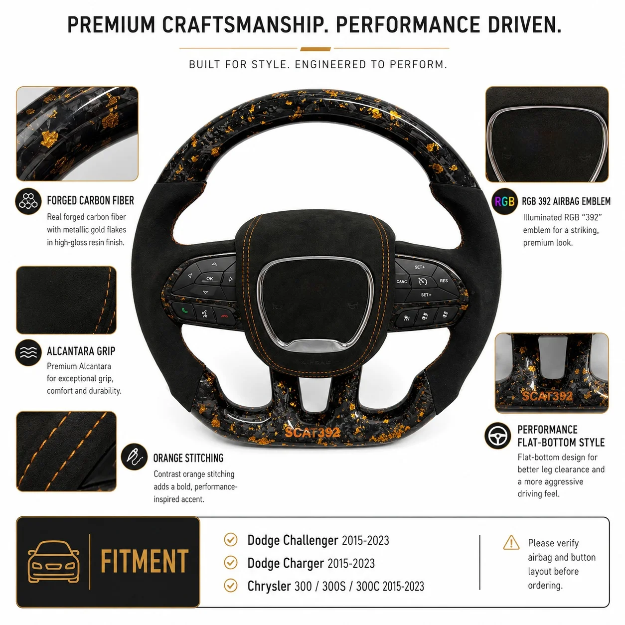 For Dodge Charger Challenger Durango 2015-2023 RT GT SRT Hellcat Gold Forged Carbon Fiber Alcantara Steering Wheel