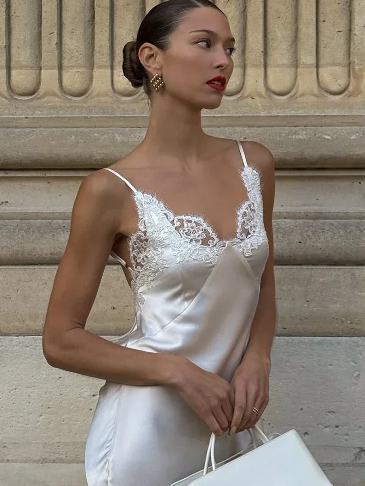Vestido largo sexi de satén con cuello en V para mujer, vestido elegante de encaje blanco con retazos, sin mangas, sin espalda, vestido largo ajustado, vestidos de fiesta de noche elegantes