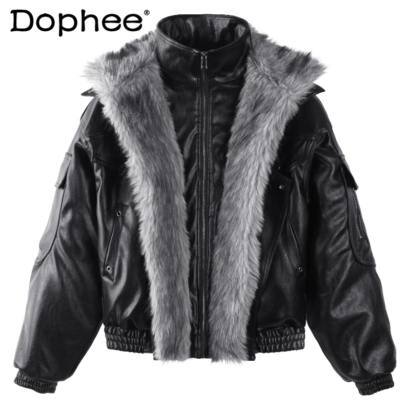 

2025 Men's Winter Fashion Detachable Faux Fur Collar Thickened Quilted Faux Leather Jackets Male Unique Handsome Leather Coats