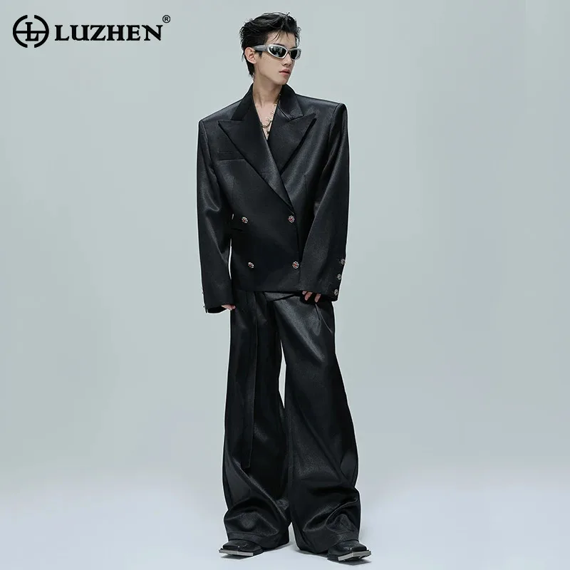 

LUZHEN новый дышащий лацкан нишевый дизайн двойной мужской костюм силуэт глянцевые пиджаки широкий пояс для ног chc пуговицы мужские брюки JY4456