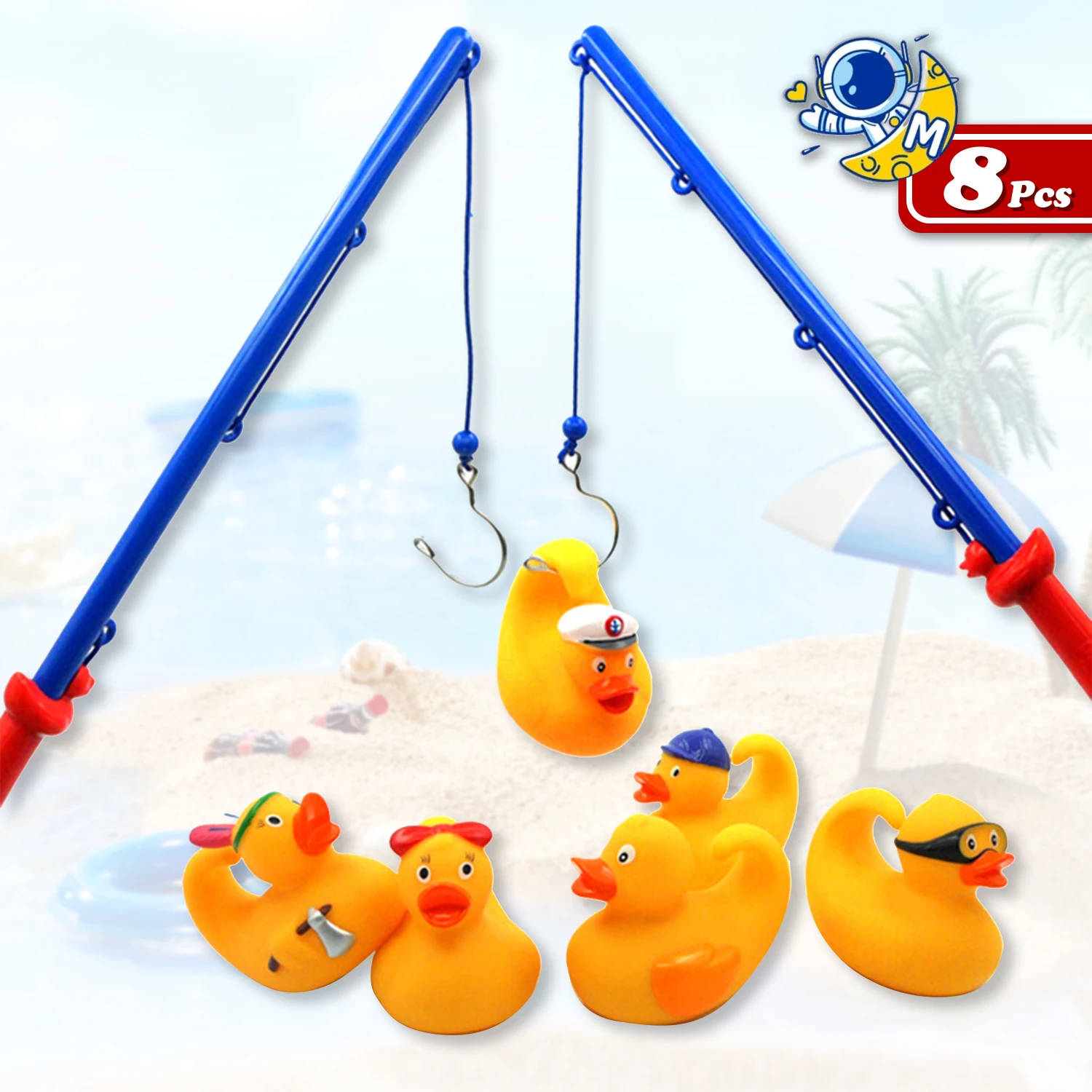 8 Pcs Bathtub Toy Duck Fishing Game - 2 toy fishing rods and 6 rubber ducks - teach numbers