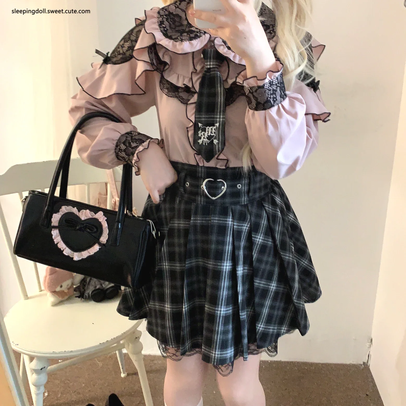 Camisa de manga comprida feminina, blusa doce Lolita, tops, renda folha de lótus, cor de contraste, estilo japonês