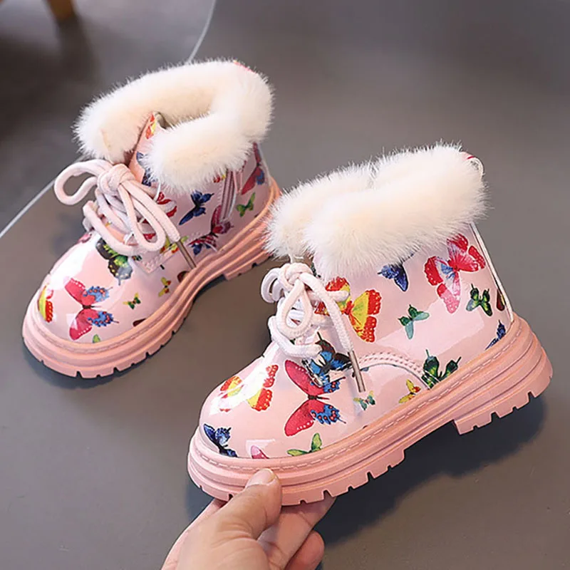 Winter Plush Boots For Girls PU Leather Faux Fur Snow Boots Anti-slippery Soft-soled Children's Cotton Shoes Thick Warm Boots