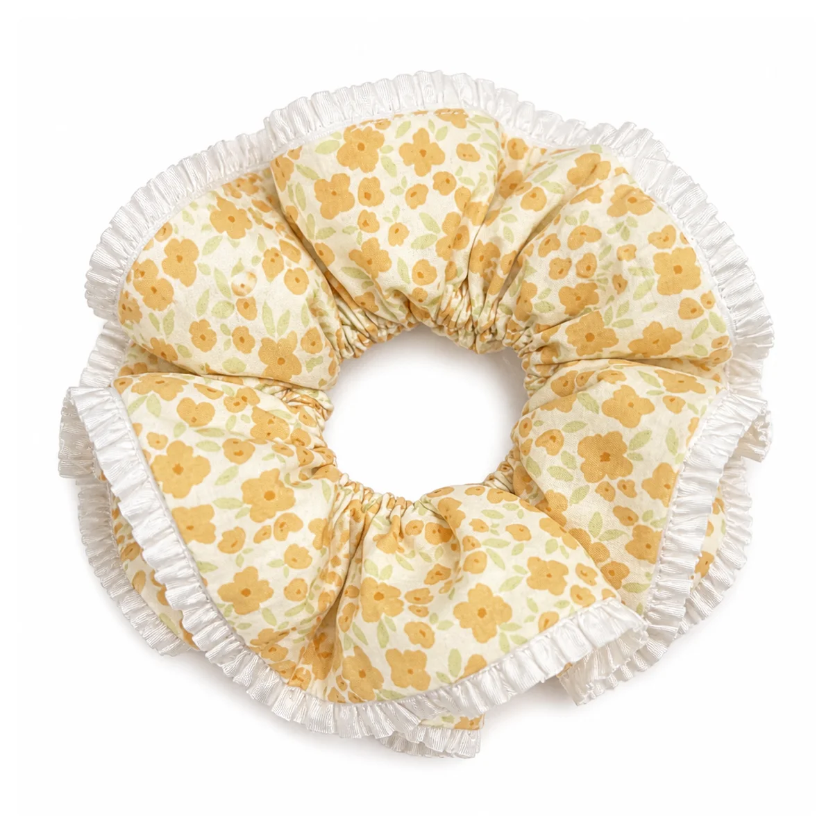 warm-ivory-honey-yellow-floral-double-layer-ruffled-hair-scrunchie-with-white-pleated-trim