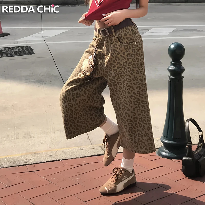 

ReddaChic Ретро женские и мужские леопардовые джинсы Jorts повседневные карманы с низкой посадкой прямые широкие джинсовые шорты модная летняя уличная одежда