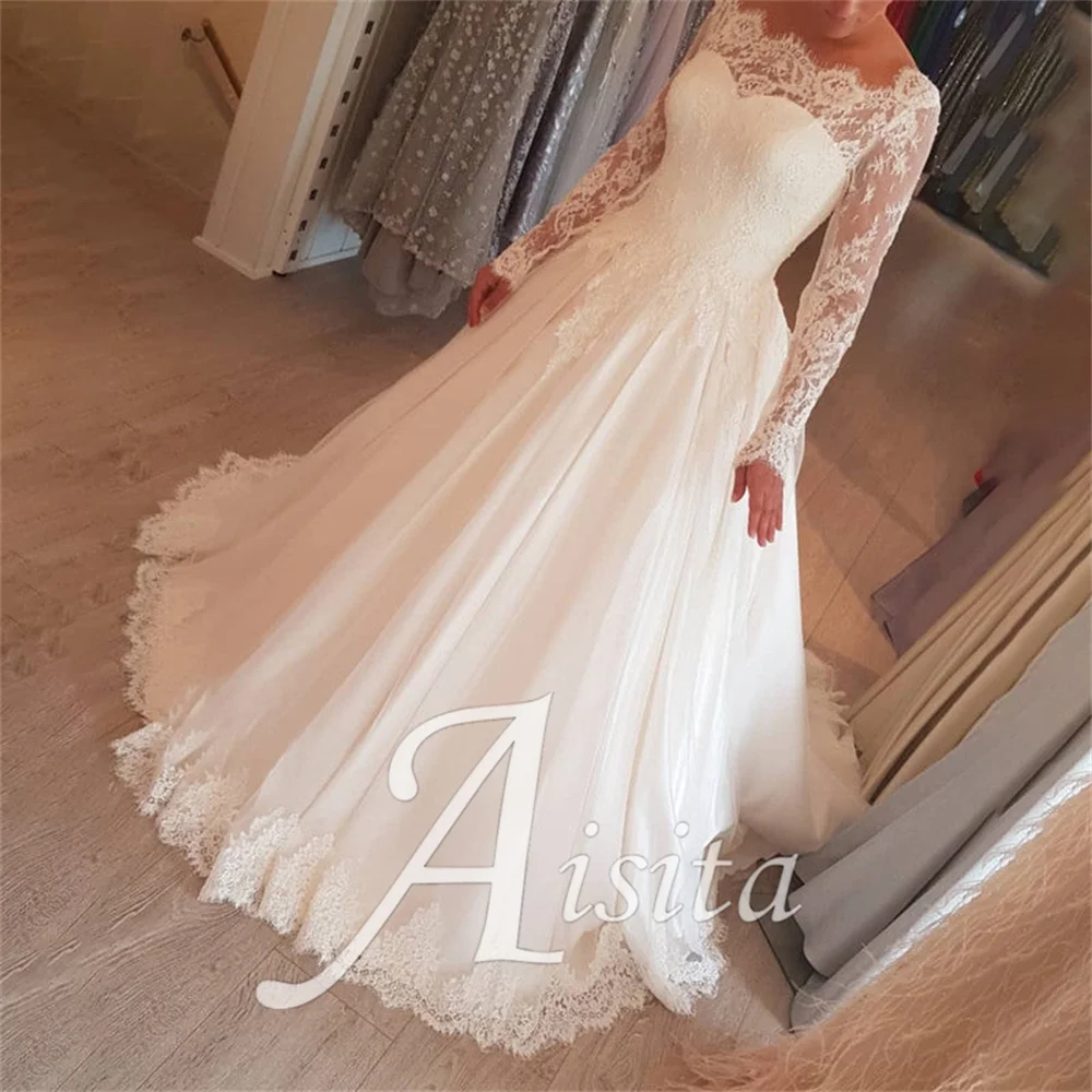 

Vintage A Line Bride Dresses Boat Neck Tulle Appliques Sheer Lace Wedding Dresses For Woman Wedding Dress Vestidos De Novia