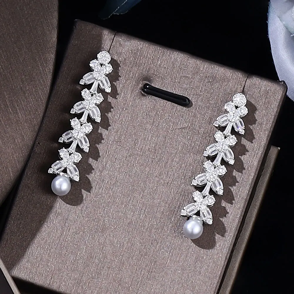 

Luxury Bridal Jewelry Cubic Zirconia Women Wedding Jewelry Set 4pcs Long Pendant Pearls Necklace Earring Set