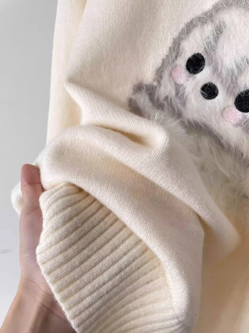 

Women's Apricot Sweater Autumn Winter Cashmere Sweet Cute Cat Sweater American Slouchy Long-Sleeved Crew Neck Pullover Sweater