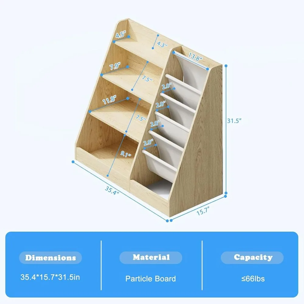 4 Tier Kids Wooden Bookshelf,Five Layer Sling Children Bookcase,Baby Storage Book Rack,Book and Toy Organizer Cabinet Chest