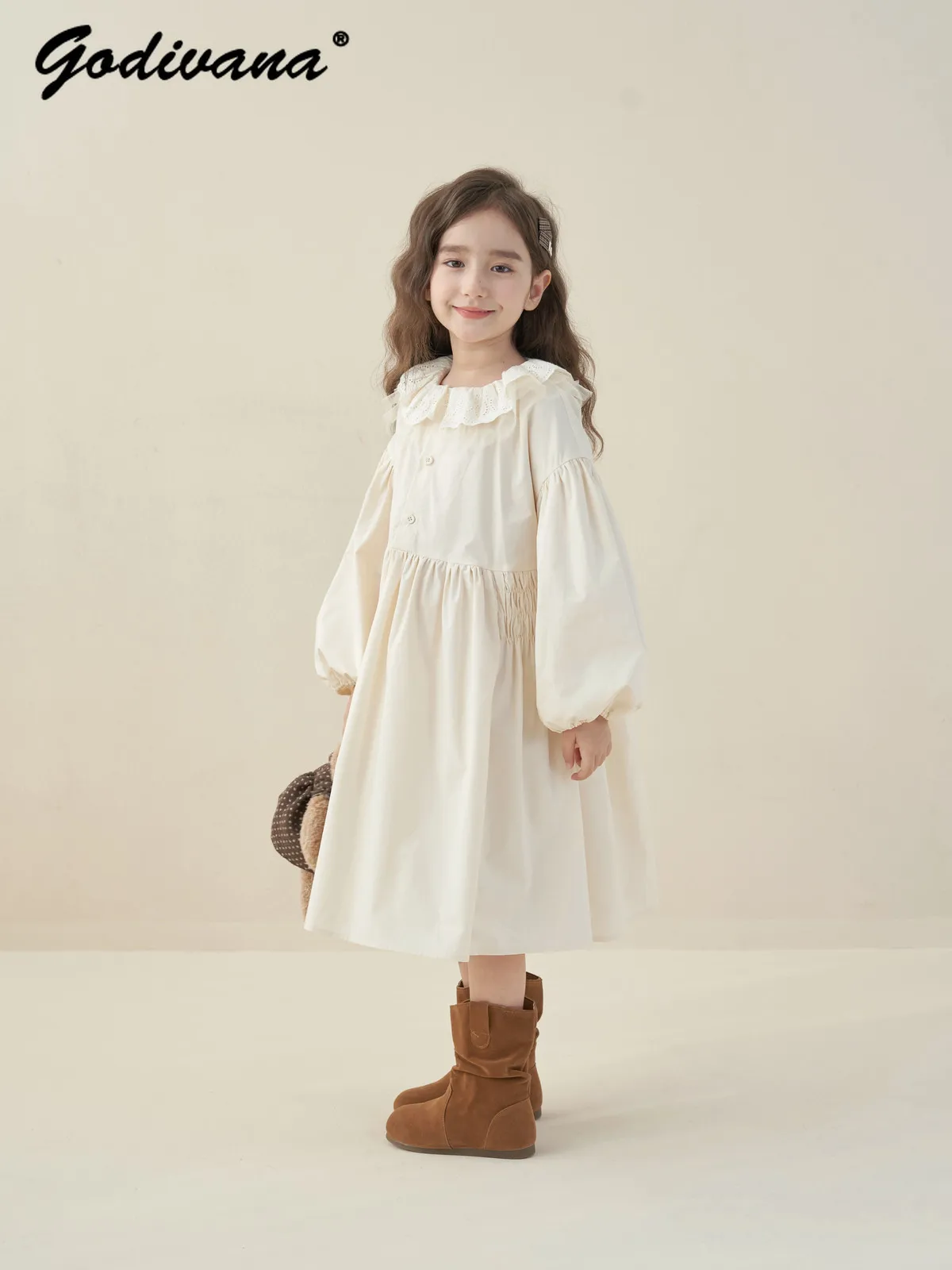 

Sweet Baby Girls New Spring 2026 Vintage Fashion Casual Dress Kids Cute Ruffle Neck Solid Long Sleeve Versatile Princess Dresses