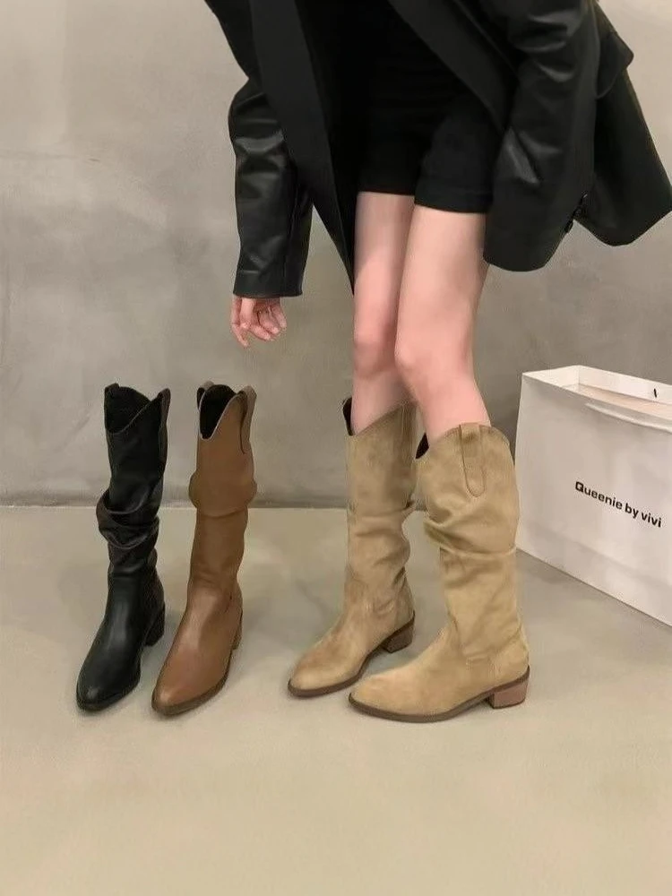 

Retro Brown Western Cowboy Long Boots Women's Mid-Calf Faion Boots V-Notch Pile Spring Autumn Winter Pointed Toe Booties