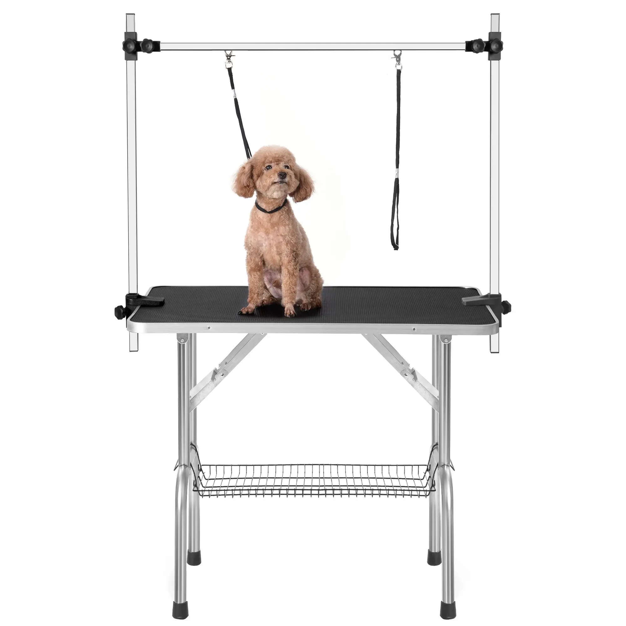 Professional Heavy Portable Pet Grooming Table For Dogs Stainless Steel Adjustable With Arm Noose Mesh Tray