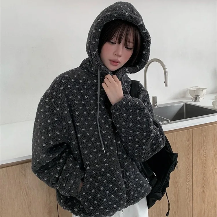 Autumn Winter Thickened Hooded Furry Jacket Women's Short Outerwear Versatile Style Camel Hair 100% Fabric Winter Collection