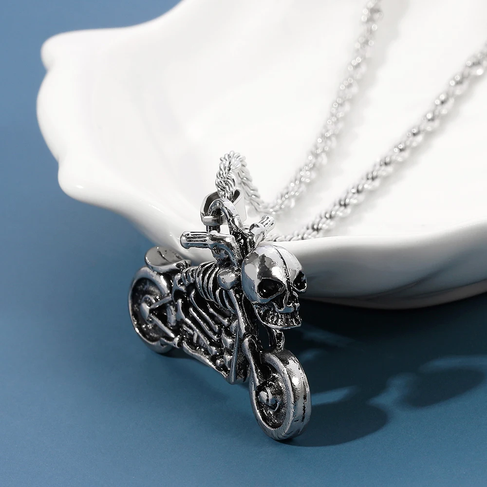 Retro Hip Hop Skeleton Motorcycle Necklace Fashion Punk Style Pendant Clothing Jewelry for Men Personality Accessories view 3