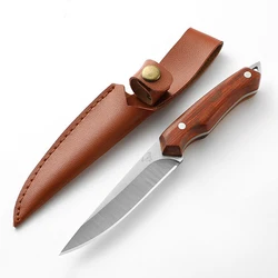 Stainless Steel Wooden Handle Knife, Portable Sharp High Hardness Fruit Knife, Outdoor Camping Tools Straight Knife With Sheath