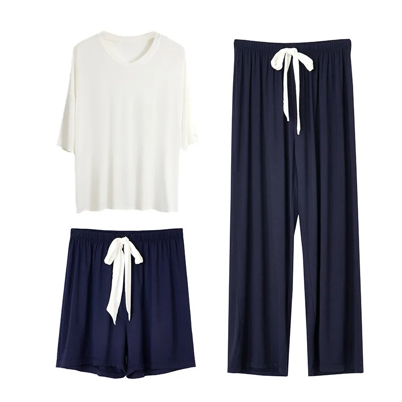 Women's Loose Fit Modal Pajama Set  Short Sleeve Color Block Top  Long Pants - Lightweight Sleepwear for Spring  Summer
