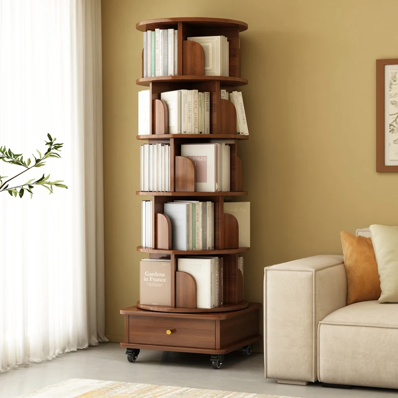 

Solid wood bookshelf living room integrated wall movable corner bookcase 360 degree rotating children's picture book shelf