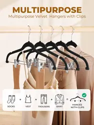 2 IN 1 Velvet Skirt Hangers With Adjustable Non Slip Clips 10pcs Space Saving Slim Felt Hangers with Swivel Hook for Pant Shorts