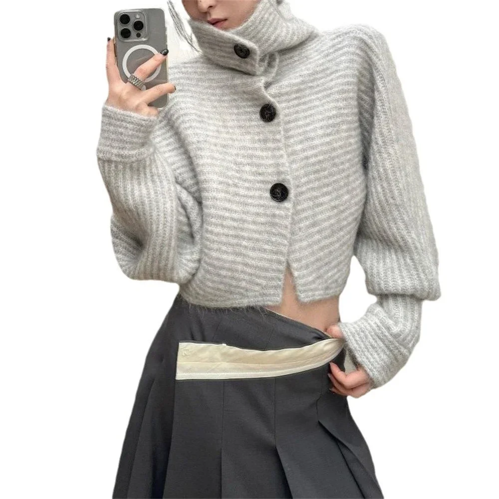 

Grey Striped Turtleneck Knit Sweater Women Autumn Winter Loose Single Breasted Knitted Cardigan Chic Long Sleeves Top Knitwear