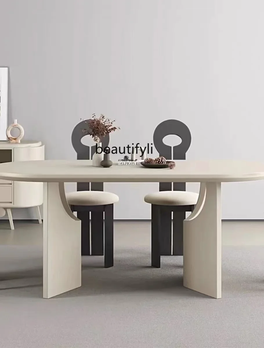 Y Italian cream style solid wood dining table oval negotiation table small apartment table and chair combination