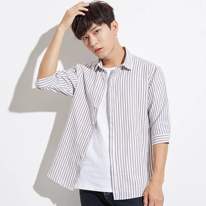 Shirts Spring Summer Thin Solid Simplicity Man Loose Three Quarter Sleeve Turn-down Collar Fashion Casual Korean Men's Clothing