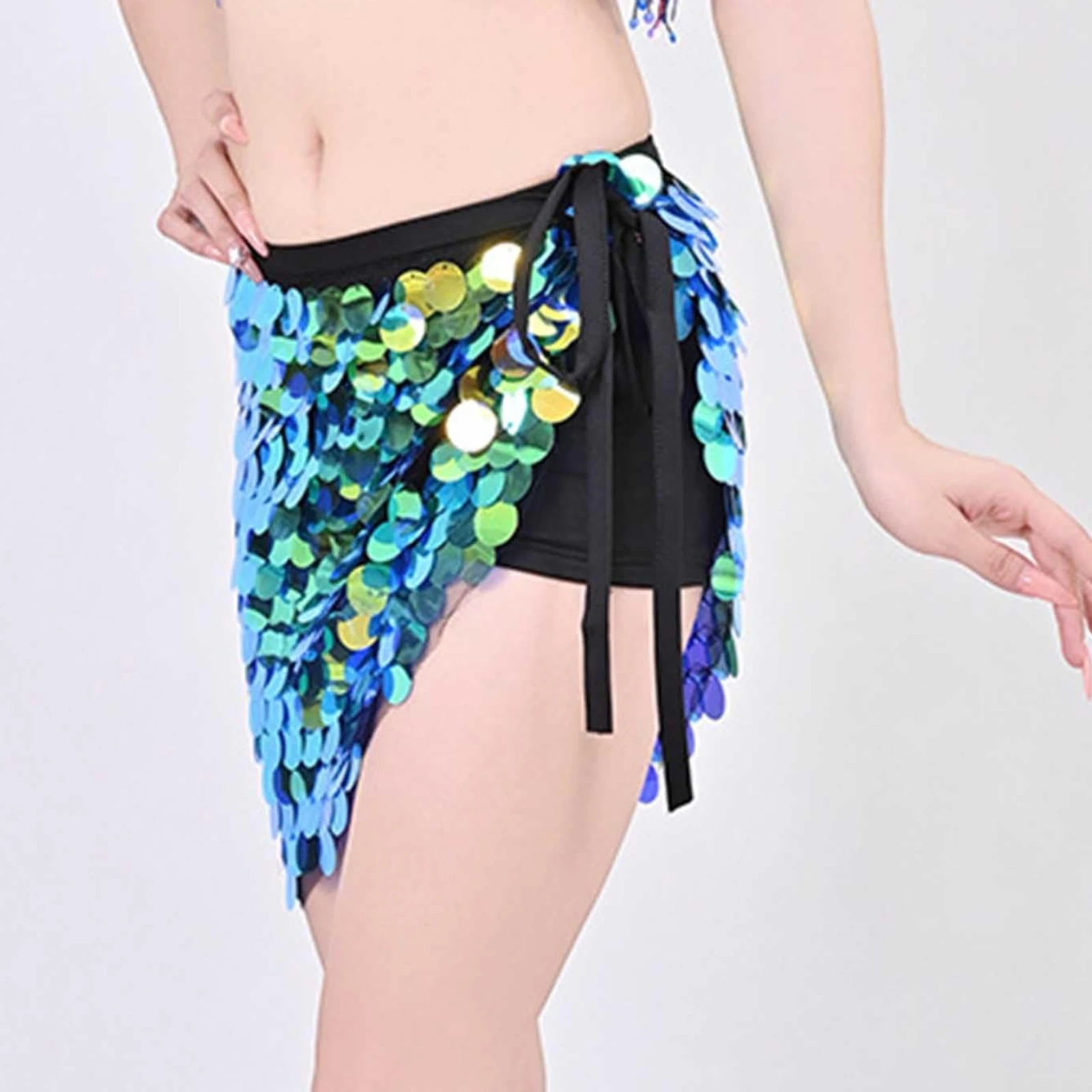 Womens Belly Dance Hip Scarf Wrap Belt Sparkly Mermaid Sequins Lace-up Waist Skirt Festival Dance Stage Performance Costumes