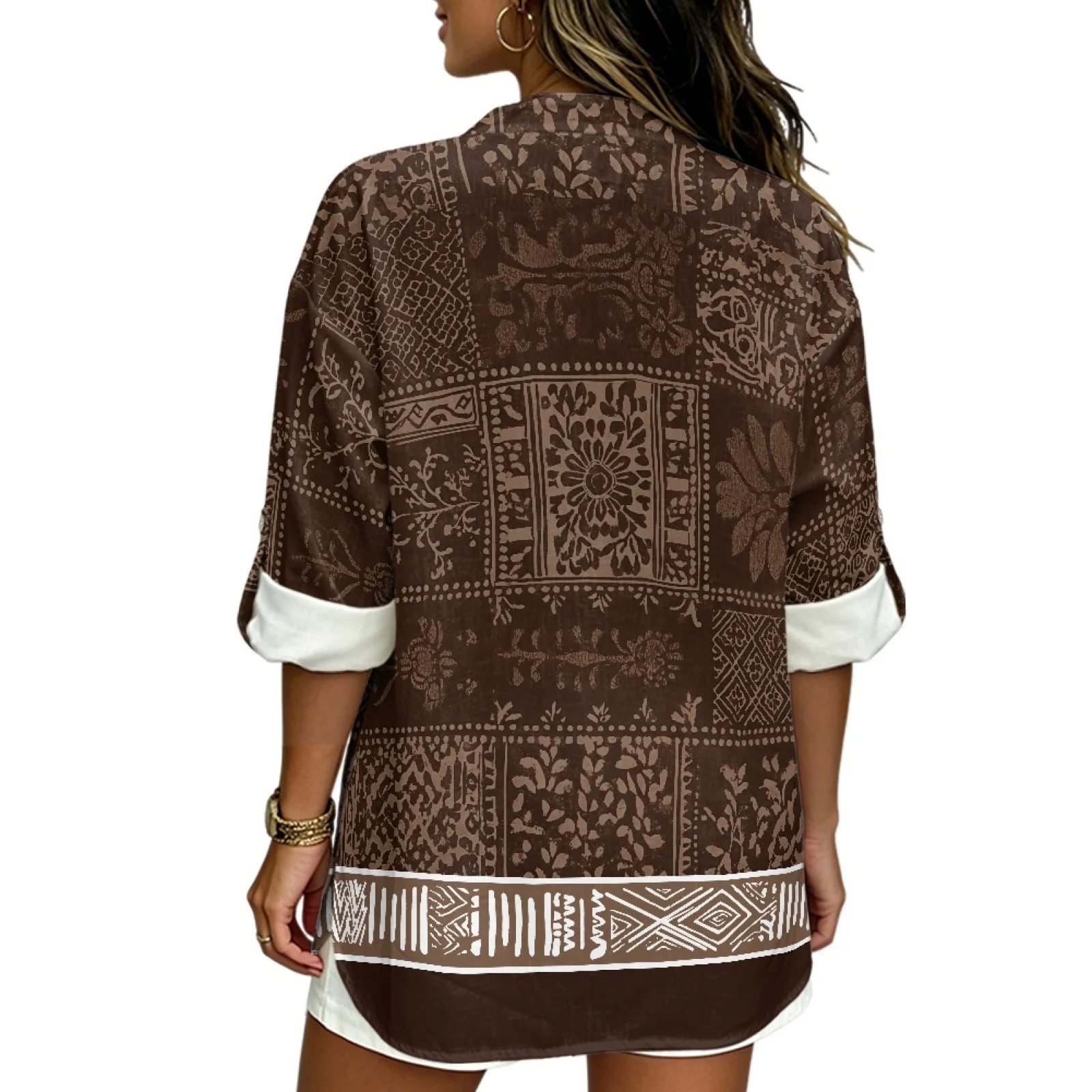 PENSTROLL Blusa de Manga Larga para Mujer, Diseño Enrollable, Tipo Lino, Corte Holgado, para Primavera, Color Marrón Geométrico