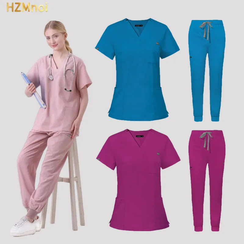 Scrubs Uniform Suit Short Sleeve V-neck Tops+jogger Pants Set Nursing Uniform Women Multicolor Pet Doctor Scrub Medical Workwear