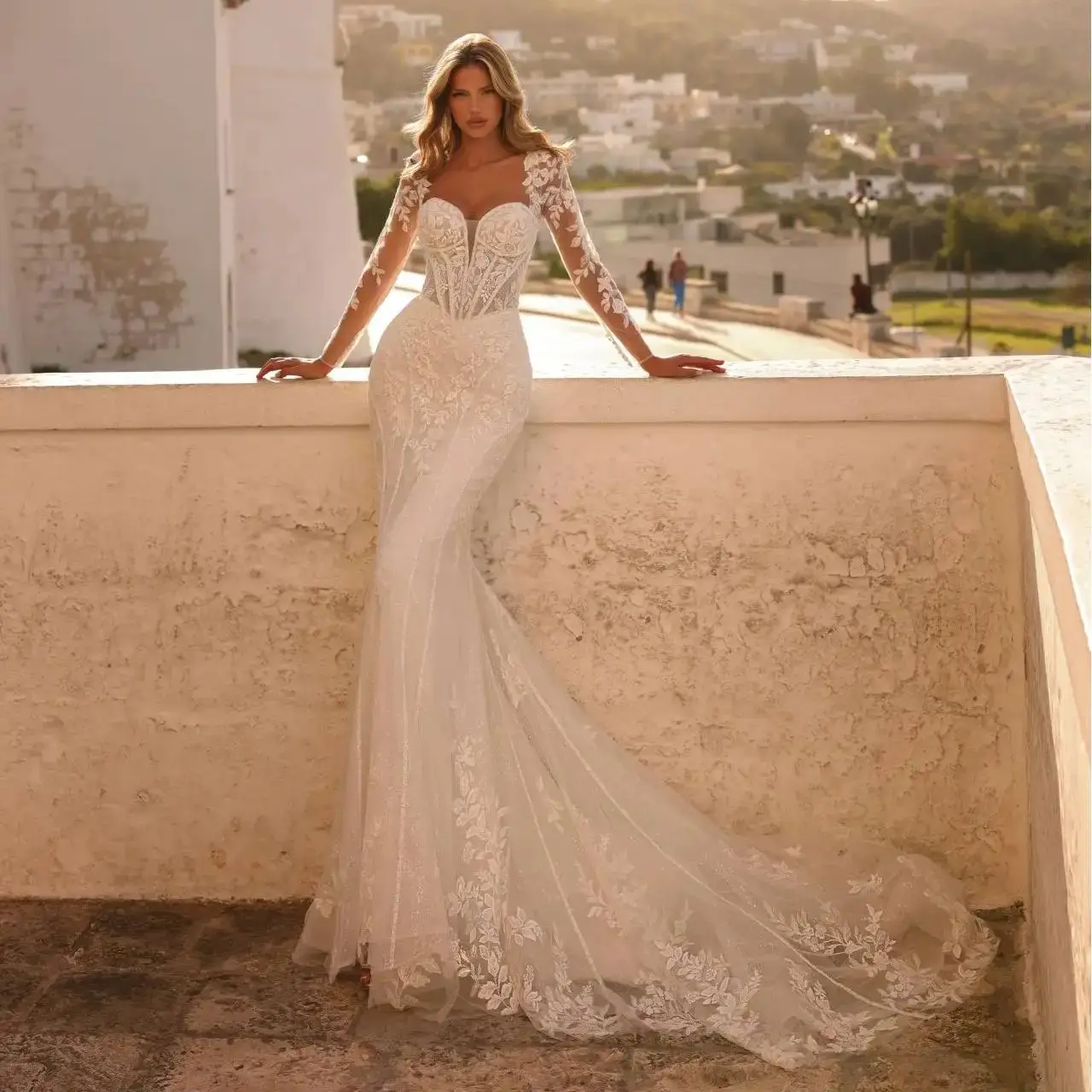 

Exquisite Mermaid Wedding Dresses Long Sleeves Lace Appliqued Corset Bridal Gown Romantic robe de mariée Customized