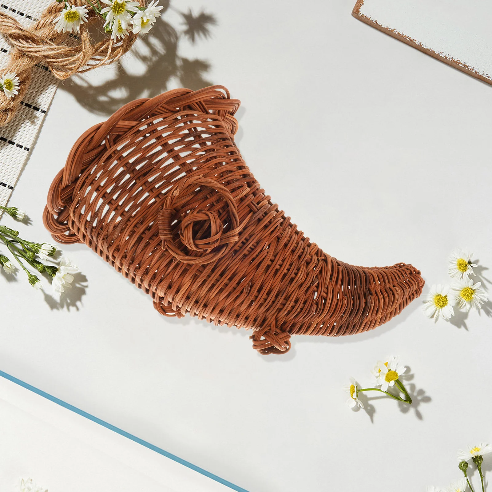 

Handwoven Rattan Cornucopia Basket Large Rustic Vintage Horn Decor for Thanksgiving Fall Table Centerpiece Holiday Woven Basket