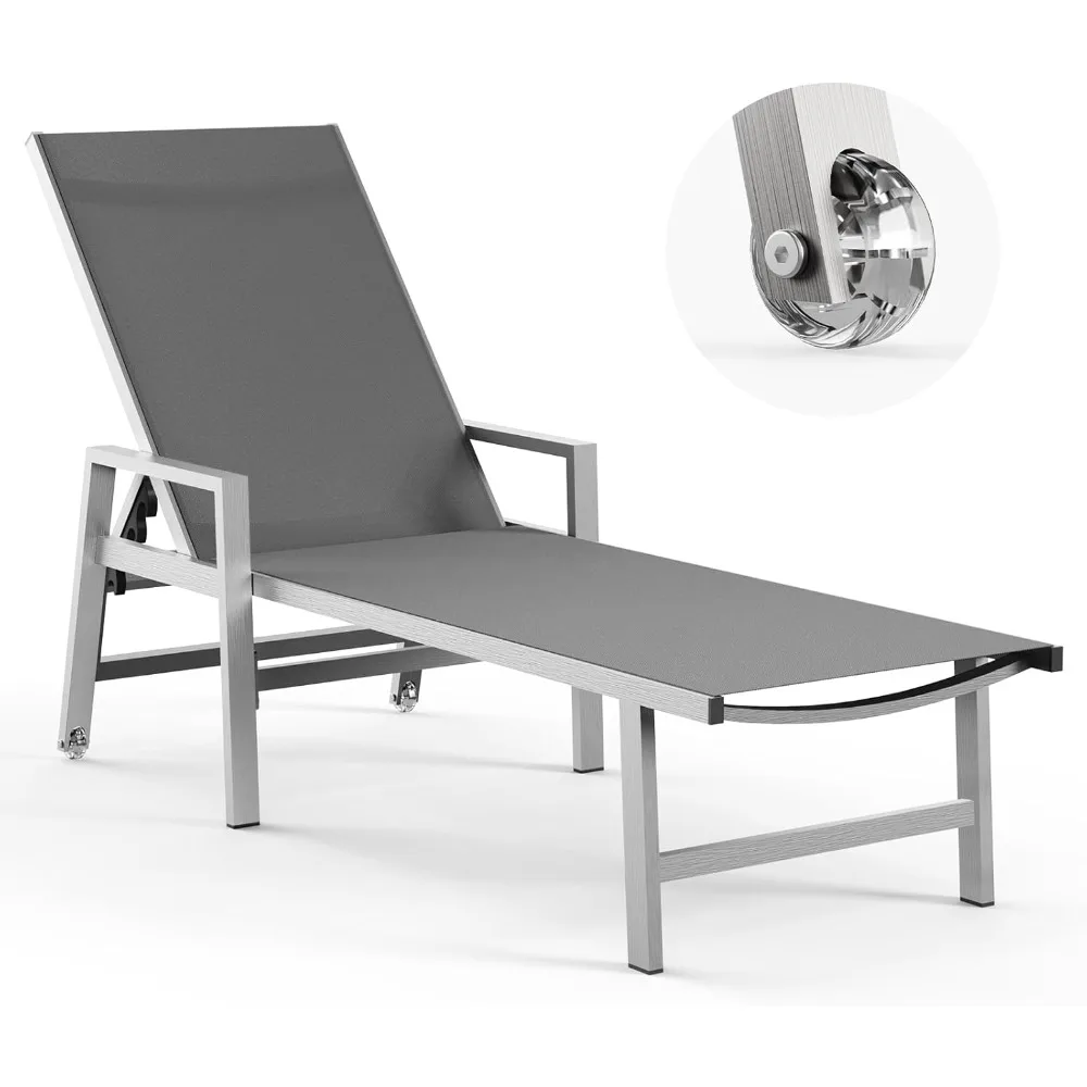 เก้าอี้พักผ่อนกลางแจ้งแบบมีล้อและที่วางแขน, เก้าอี้พักผ่อนริมสระน้ำทำจากอลูมิเนียม ปรับเอนได้ 5 ระดับ