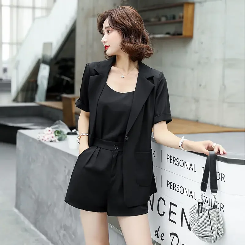 

Short Sleeve Clothing Blazer and Shorts Suit for Woman Black Summer Women's Pants Sets 2024 Office Outfit Tailoring Novelties