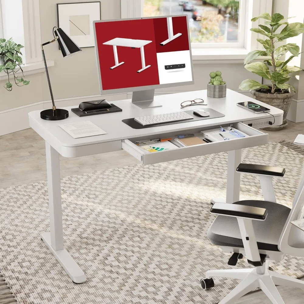 Standing Desk with Drawer, Electric Height Adjustable Home Office Desks with Storage & USB Ports, 55 Inch White Wood, Desk