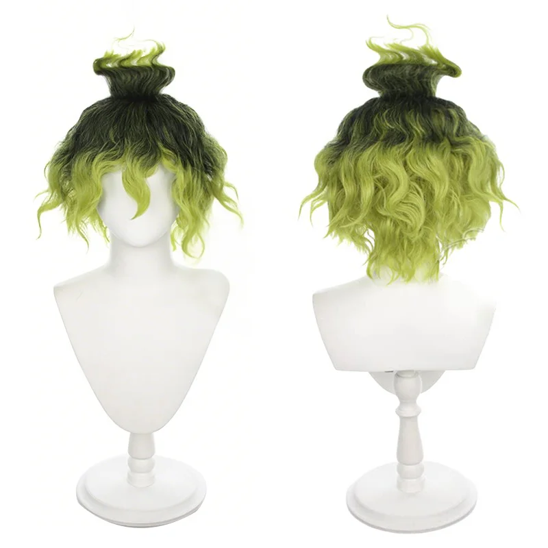 Unisex Gyutaro Cosplay Wig Black Green Ombre Short Curly Wig with Top Knot Spiky Fluffy Anime Wig For Halloween Comic Con Party
