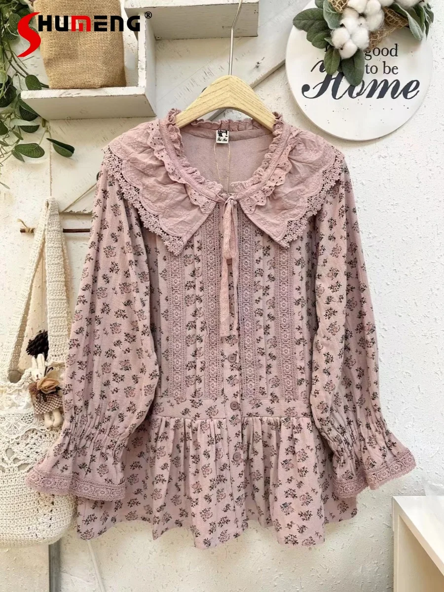 

Mori Girl Style Printed Lace-up Doll Collar Long-sleeved Shirt Women's Japanese Vintage Loose Spring Autumn Casual Blouses Tops