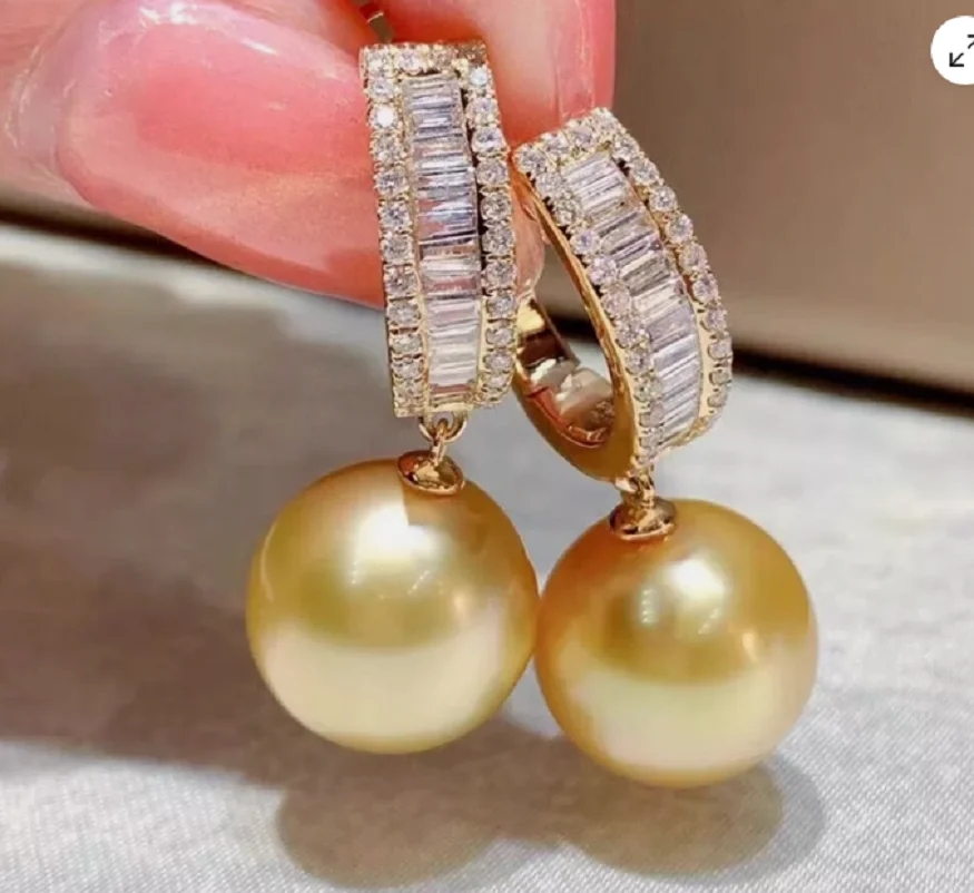 

Fine Jewelry AAAA 11-12MM SOUTH SEA GOLDEN ROUND PEARLS EARRINGS 925s