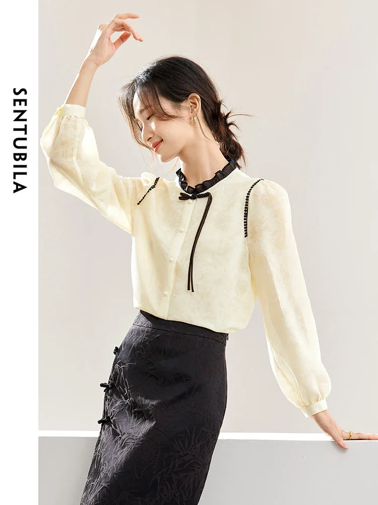 SENTUBILA レディース カジュアル シャツ 2025 秋 中国風 高級 ジャカード フリル ボタンアップ レディース ブラウス パーティー トップス 141C53085