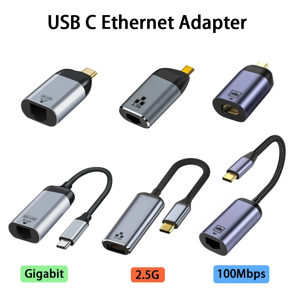 USB C 100/1000/2500Mbps Ethernet Adapter Compatible with Thunderbolt3 Type-C to RJ45 Port External Network Card Converter