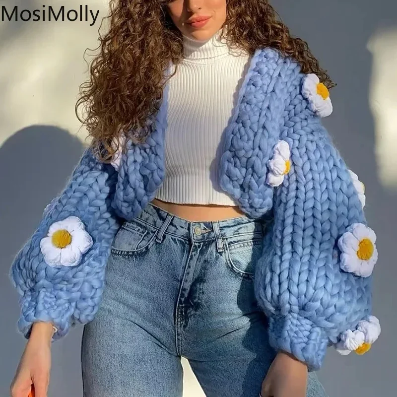 MosiMolly 2022 Flower Handmade Sweater Cardigan Jumper Women Open Stitch Cardigan Puffs Sweater Cardigan Knitting Coats Winter