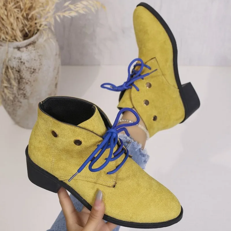 Women's Ankle Boots Round Toe Low Block Heel Suede-Look Texture Lace Up Front Metal Stud Accents Casual Daily Footwear Choices